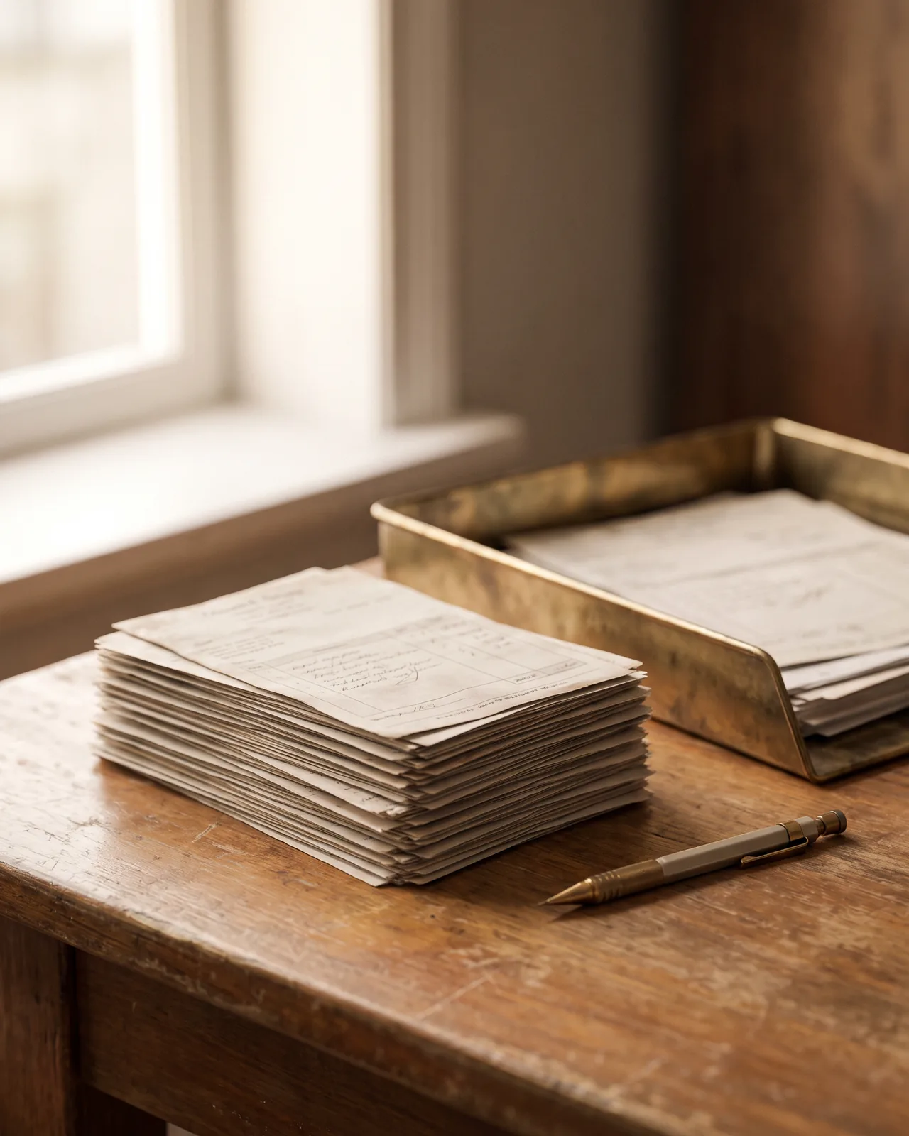 A stack of paper invoices beside a brass tray in morning light