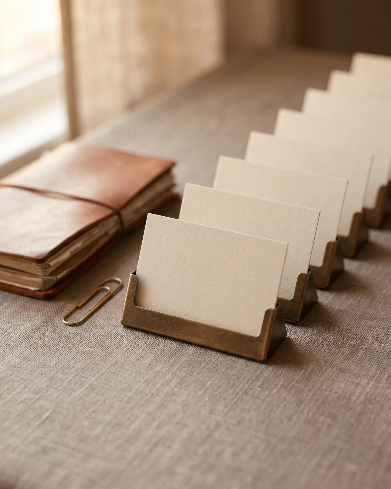 Brass name card holders arranged in a row on a warm linen surface